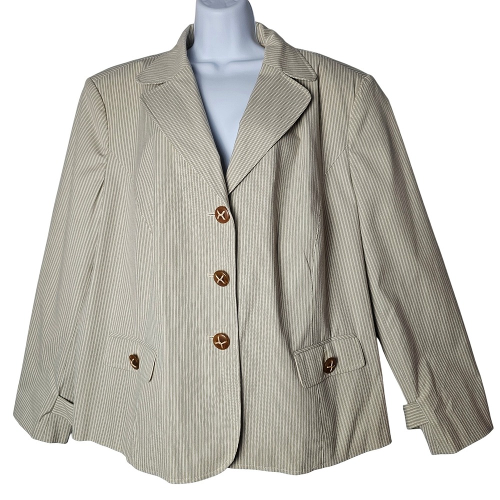 Talbots Woman Blazer 20W Beige White Cotton Stretch Pinstripe Career Office Work